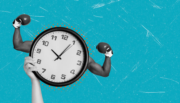 Art collage showing clock with strong arms holding it on blue background