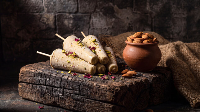 Traditional Indian Kulfi sticks on rustic wood. Frozen dairy dessert with nuts and spices.