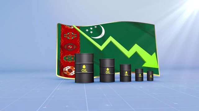Turkmenistan Oil Price Falling with Oil Barrels Downward Green Arrow and 3D Financial Data Visualization Graphs for Economy and Business Concept