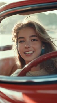 Beautiful young woman smiling and driving a classic red car with open top. Her long hair is blowing in the wind, giving her an exhilarated look.