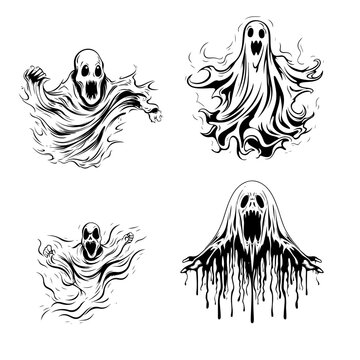 Collection of spooky screaming ghost and horror ghoul faces vector illustration with dripping ectoplasm liquid effect