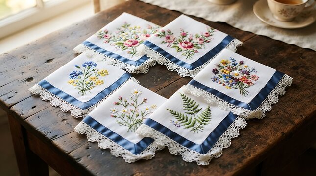 Set of vintagestyle embroidered linen napkins with floral motifs