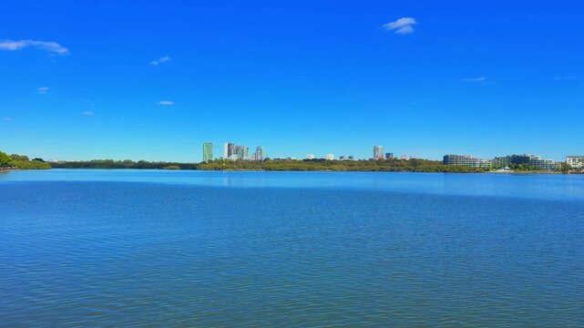 Panorama view of residential apartments on Parramatta River Rhodes Sydney NSW Australia