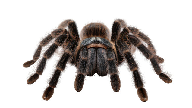 Isolated detailed view of a large brown hairy tarantula, an exotic dangerous arachnid pet.