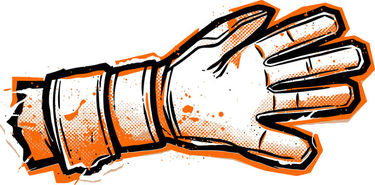 Grungy motocross glove vector illustration, orange and black racing protective gear, hand drawn sports glove with halftone texture and ink splatters