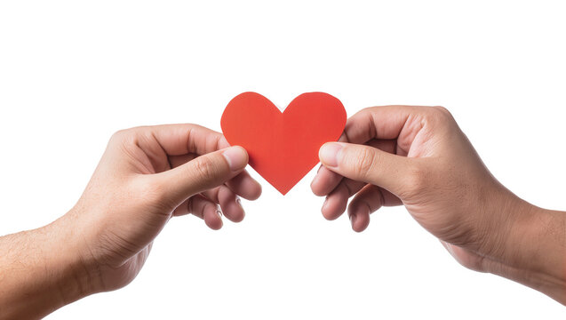 Isolated two human hands tenderly holding a vibrant red heart shape, symbolizing love and connection