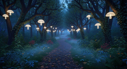 Magical forest path with glowing mushrooms at night © Md