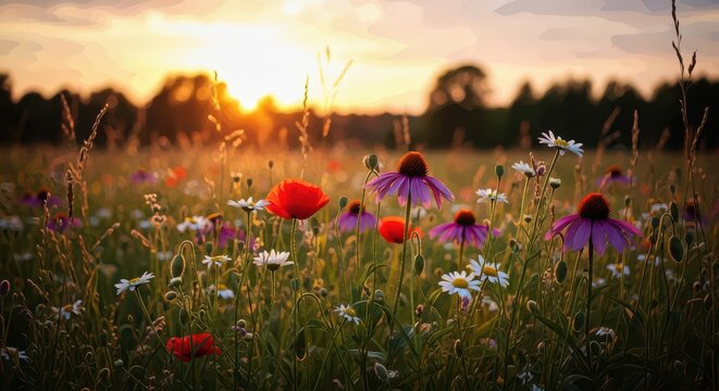 Sunset over a vibrant flower field. Young woman enjoying nature's beauty. Female in casual attire amid colorful blossoms at dusk.