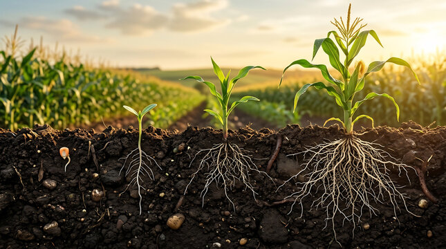 Corn plants demonstrate a cross-sectional growth timeline showcasing root systems and soil structure within a fertile agricultural field.