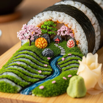 Creative sushi roll shaped like a beautiful japanese garden landscape