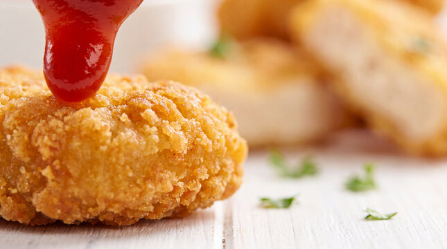 Crispy chicken nugget with red ketchup. Fried breaded poultry snack with tomato sauce dip.