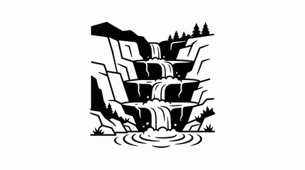 Black and White Stylized Waterfall Illustration Featuring Tiered Cascades and Pine Forest Elements for Nature Themed Graphic Designs © Nasima