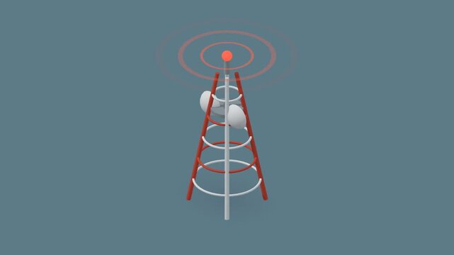 Isometric broadcast radio tower transmitting signal waves, 3D animation seamless loop