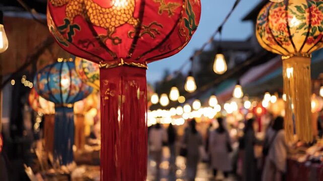 Ornate Chinese lanterns hanging at a night market street