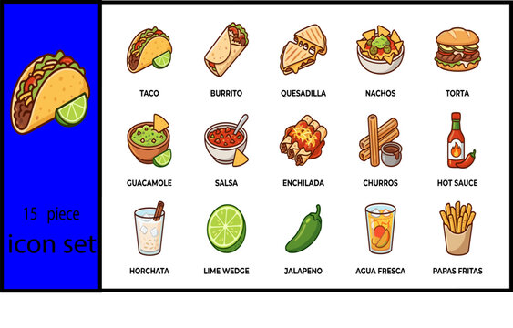 Mexican street food icon set fifteen pieces taco burrito quesadilla nachos torta guacamole salsa enchilada churros hot sauce
