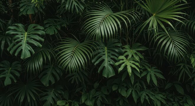 Lush tropical jungle foliage with vibrant green leaves. Dense plant life for nature and eco projects.