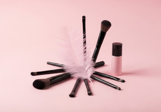 Set of professional makeup brushes with a soft feather on pink background