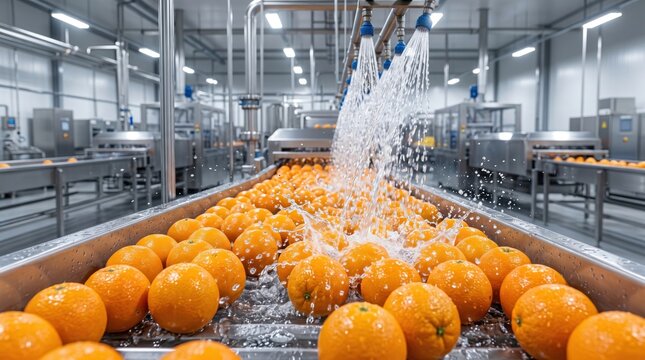 Fresh oranges being washed on an industrial food processing conveyor, showcasing automated fruit cleaning, food safety, hygiene standards, quality control, and modern citrus production