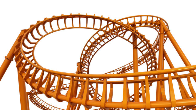 Isolated vibrant orange metal roller coaster track structure against clean backdrop