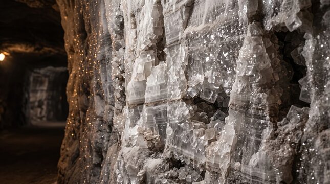 Underground salt mine with massive natural salt crystal formations, showcasing mineral deposits, geological structures, mining heritage, subterranean tunnels, and raw natural resources