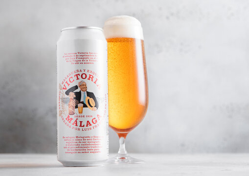 LONDON, UK - MARCH 10, 2026: Cold glass and tin of Victoria Malaga lager beer on light table background.