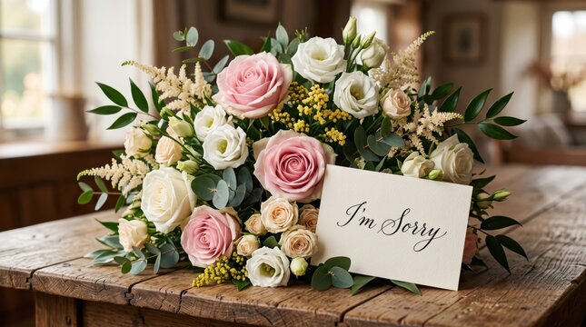 Elegant bouquet of fresh roses with an apology card reading "I'm Sorry", symbolizing forgiveness, reconciliation, regret, compassion
