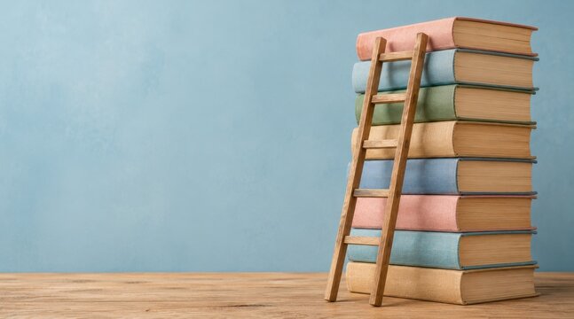 Back to school concept featuring a stack of colorful books with a wooden ladder, symbolizing learning, education, academic success, personal growth, and the journey to knowledge. Copy space