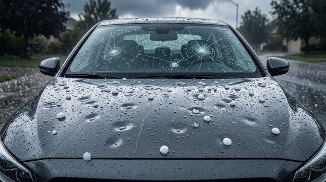 Close up of a passenger car with severe hail damage, cracked windshield and dented hood after a powerful storm. Insurance claim, extreme weather and vehicle repair concept