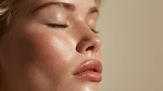 Beautiful Woman with Glowing Dewy Skin Closeup Beauty Skincare Portrait