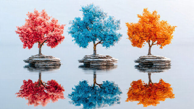 Trois arbres poussant sur une pierre au milieu de l'eau, avec leur reflet