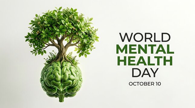 World Mental Health Day concept. Green tree growing from human brain for wellness awareness.