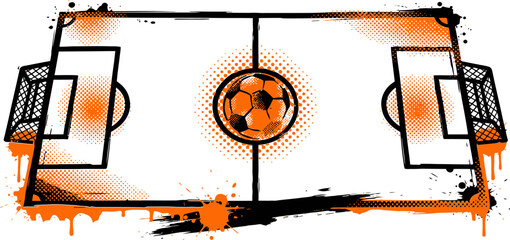 Grunge soccer field vector illustration, urban graffiti style football pitch with ball, orange and black sports stadium background with paint splatters © SanaMuhyUdDin