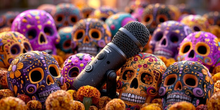 Karaoke Microphone Among Colorful Day of the Dead Skulls