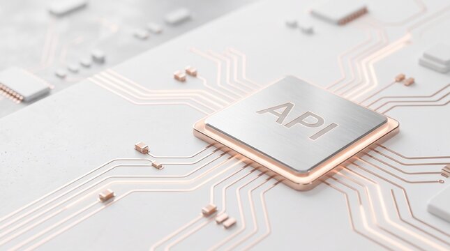 Central computer processor unit with api text engraved on a detailed white circuit board surface with displays close up silver computer chip word API engraved