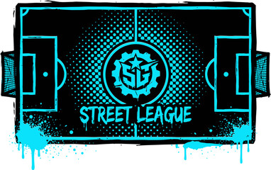 Street League soccer field vector illustration, urban football pitch with neon blue graffiti spray paint, grunge sports tournament logo design © SanaMuhyUdDin