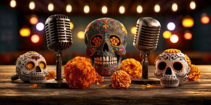 Vintage Karaoke Stage with Calaveras and Marigold Flowers