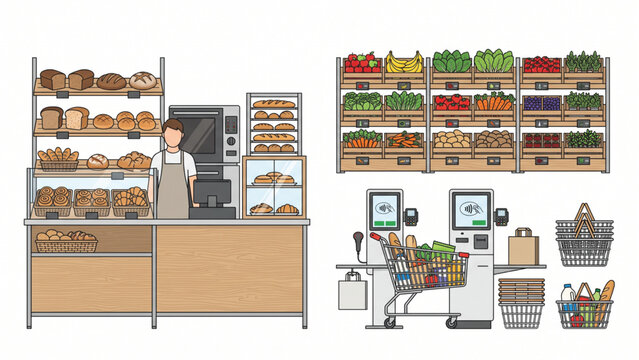 Scandinavian Flat Supermarket Collection with Bakery, Fresh Produce, Self Checkout, Shopping Baskets and Clean CAD Retail Vector Elements Isolated on White Background
