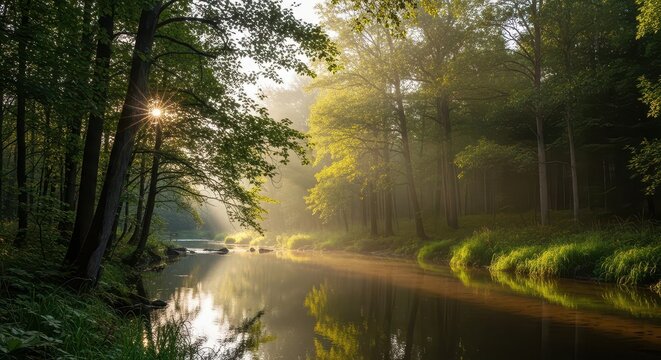 Serene forest river scene with sunlight filtering through trees. Tranquil nature landscape for outdoor and environmental themes.