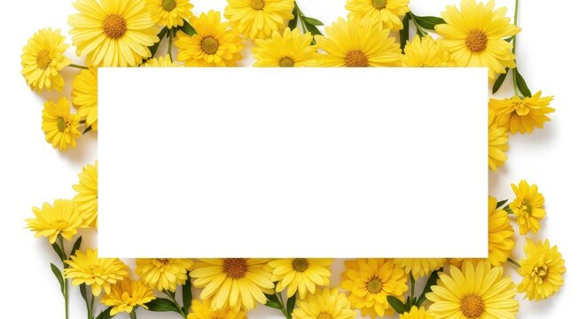 Blank white sign surrounded by vibrant yellow flowers. Floral frame for messages or advertisements.