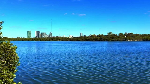 Panorama view of residential apartments on Parramatta River Rhodes Sydney NSW Australia