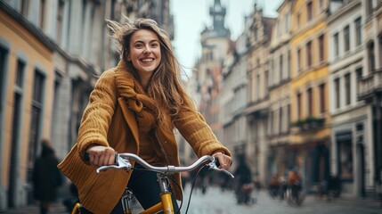 Naklejka premium Woman riding bicycle city street