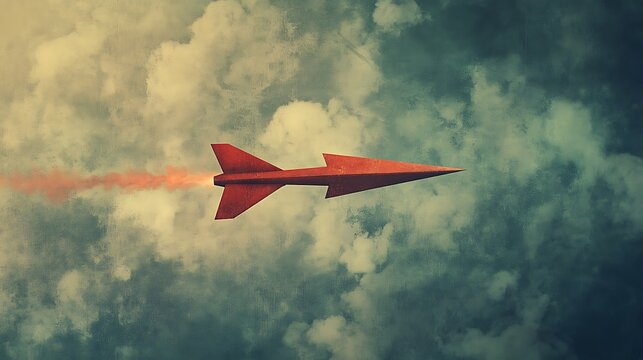 Red paper rocket soaring through dramatic clouds, symbolizing ambition and progress.