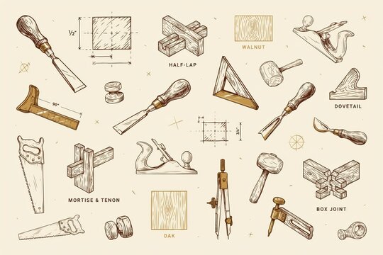 Set of hand-drawn woodworking tools and joinery diagrams including chisels, saws, mallets, planes, and wood types on a light beige background