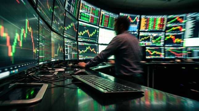 Stock Trader Monitoring Multiple Market Charts in Trading Room