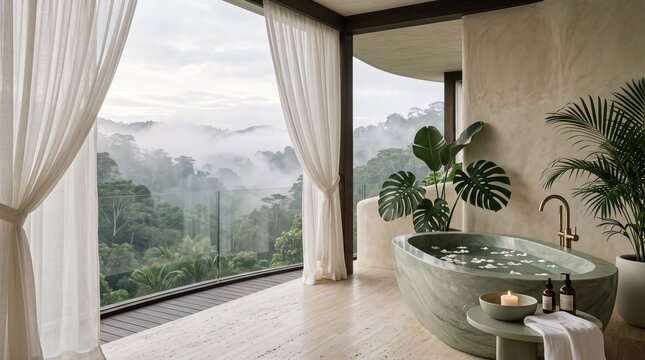 Luxury Bathroom with Forest View and Soaking Tub