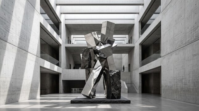 Abstract Metal Sculpture in Modernist Concrete Atrium