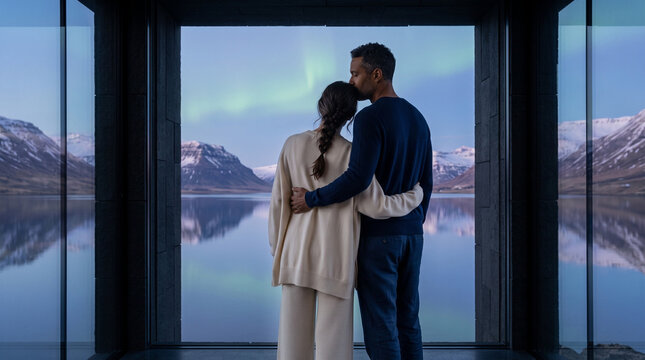 Couple Admiring Snowy Mountains and Lake View from Modern Window