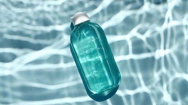 Bottle with for serum, oil, emulsion and reflections sunlight in slow motion. Drop shadow effect with wave refraction of light. Sun and shadows. Layout for advertising goods, cosmetic products. 4k 