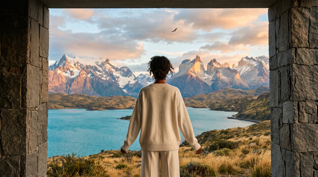 Woman Contemplating Mountain Lake Vista from Stone Doorway
