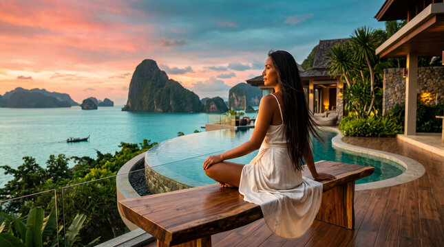 Woman Meditating at Luxury Infinity Pool Overlooking Tropical Bay